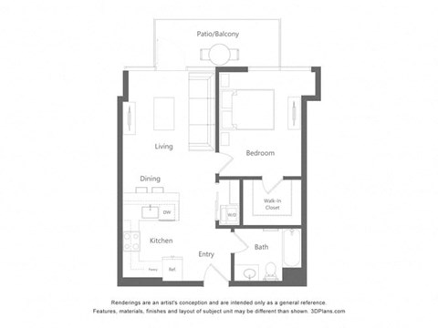 Floor plan for 1 bed, 1 bath, 687 sqft